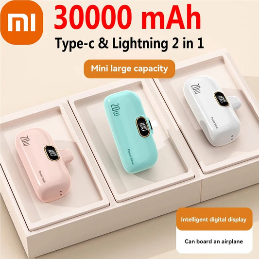 Xiaomi Mini 30000mAh Power Bank Built Cable Portable Mobile Phone Charger External Battery Capsule Powerbank For Type-C iPhone