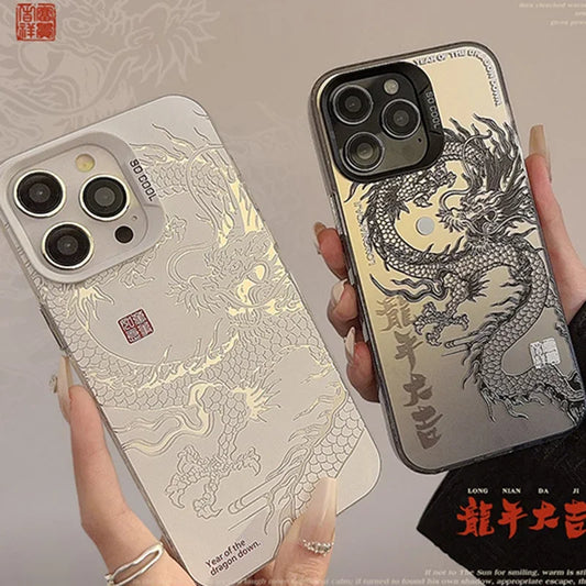 New Luxury Laser Eastern myths legends Chinese dragon Phone Case For iPhone 11 12 13 14 Pro Max 15 Plus 3D Totem Anti-drop Cover