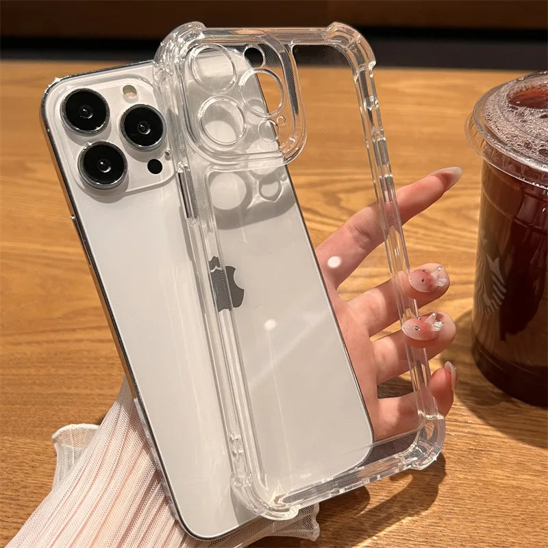 Shockproof Phone Case for iPhone 11 12 13 14 15 16 Pro Max Plus Transparent Bumper Acrylic Hard Back Cover Silver Button