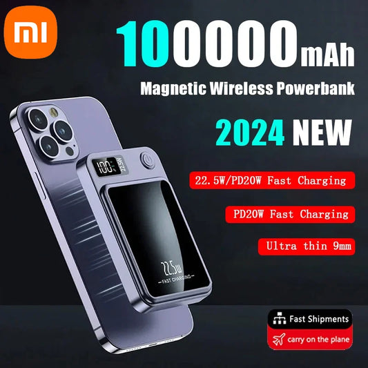 Xiaomi 2024 New 100000mAh Wireless Power Bank Magnetic Qi Portable Powerbank Type C Mini Fast Charger For iPhone Samsung